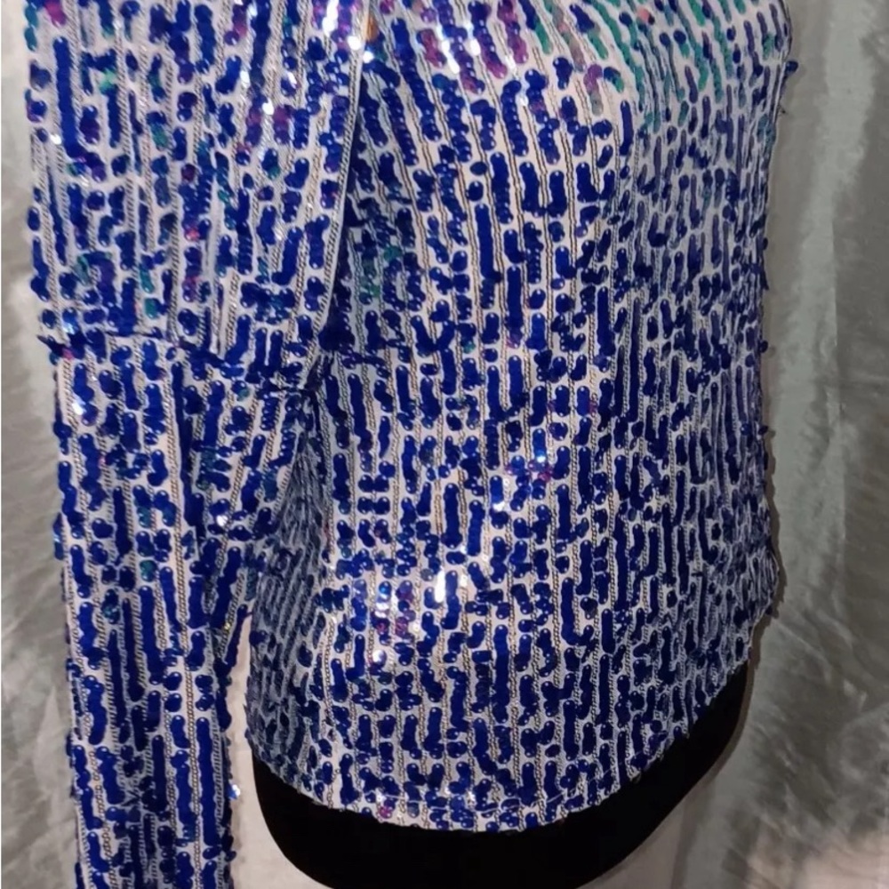 Venus sequined One-Shoulder long sleeve Top - Blue multi color Sz M - Picture 3 of 10